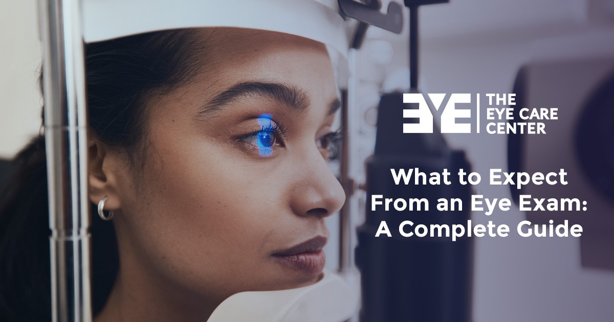 A woman gets an eye exam with blue light; text reads What to Expect From an Eye Exam.
