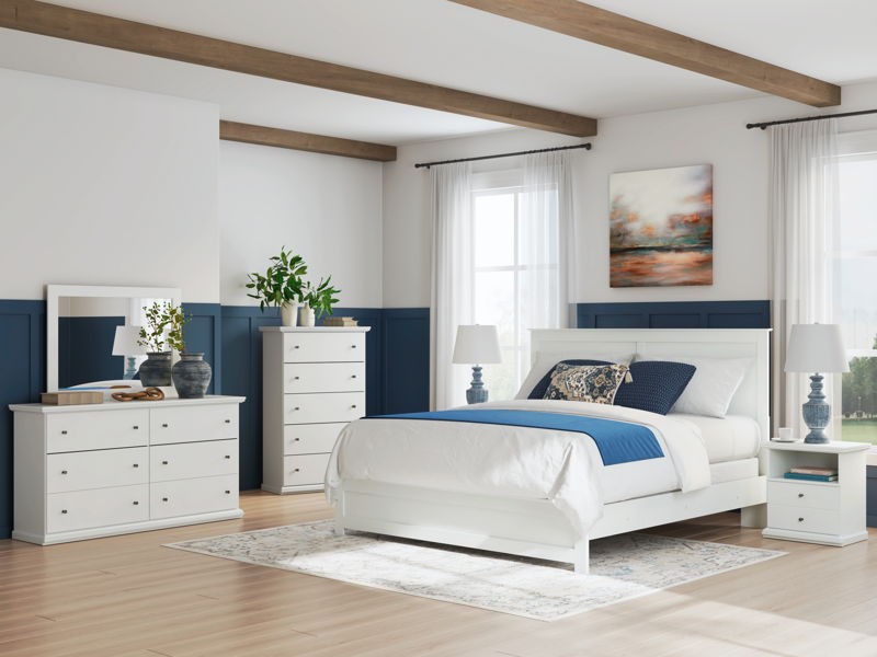 Bostwick Shoals - White - 6 Pc. - Dresser, Mirror, King Panel Bed With Framed Footboard, 2 Nightstands