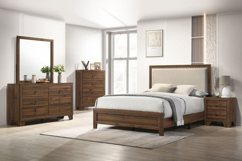 Millie - Full 5 Piece Upholstered Bedroom Set - Brown Cherry