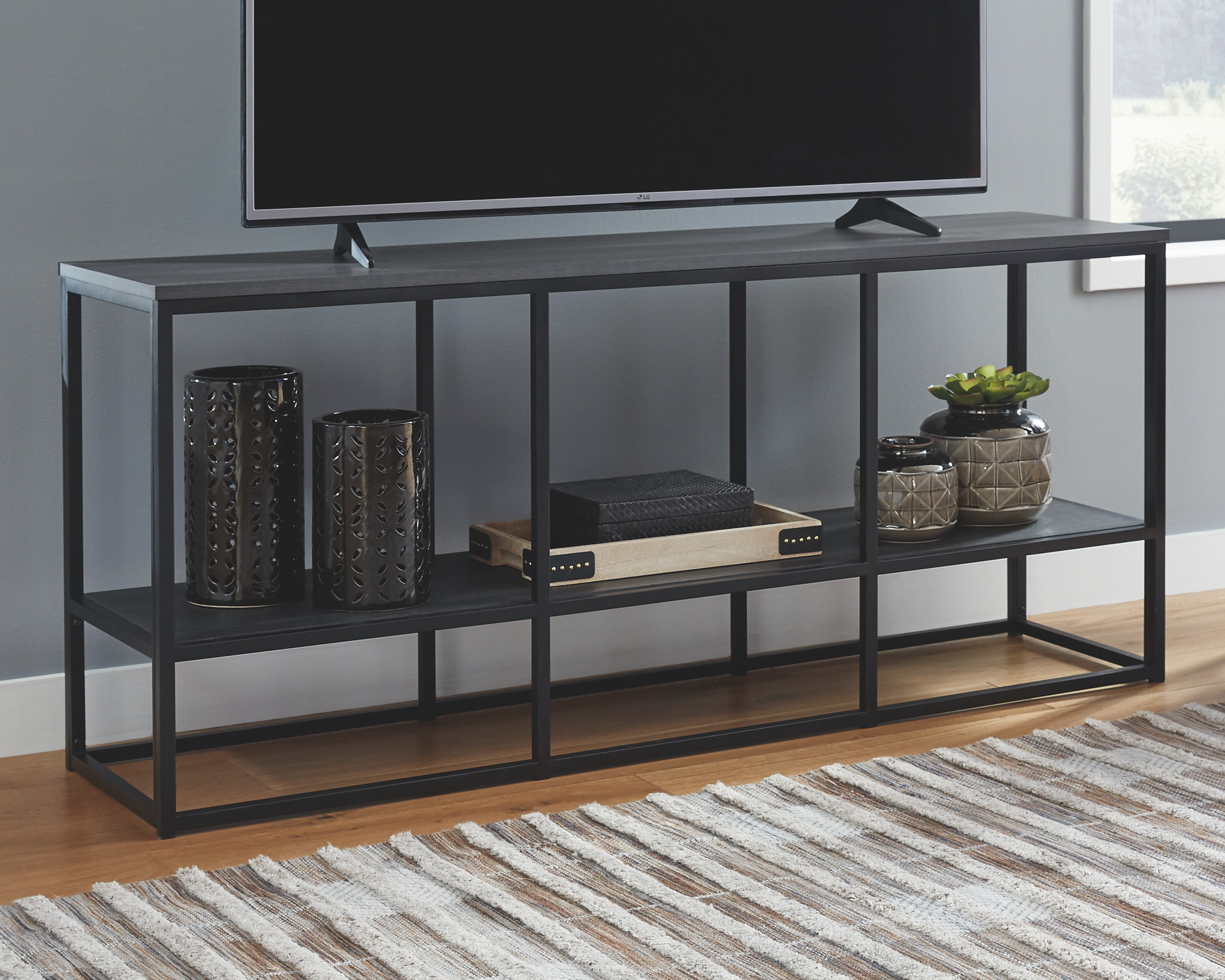 Yarlow Black Extra Large Tv Stand Open Shelves ROC City Furniture