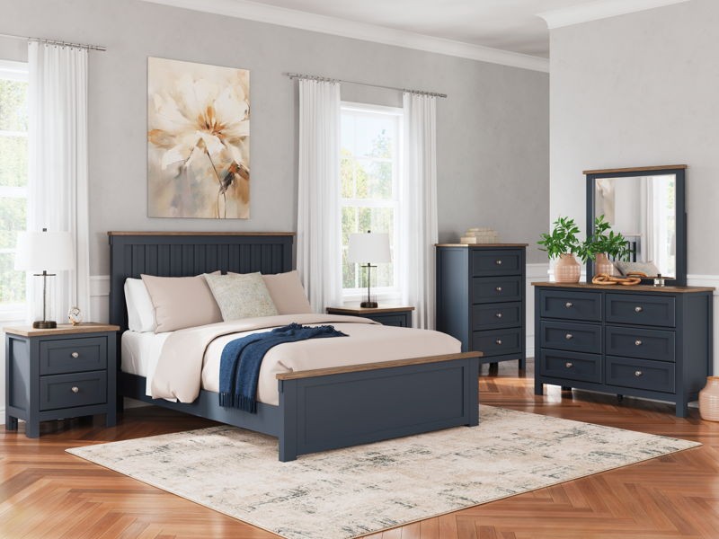 Landocken - Brown / Blue - 7 Pc. - Dresser, Mirror, Queen Panel Bed, 2 Nightstands