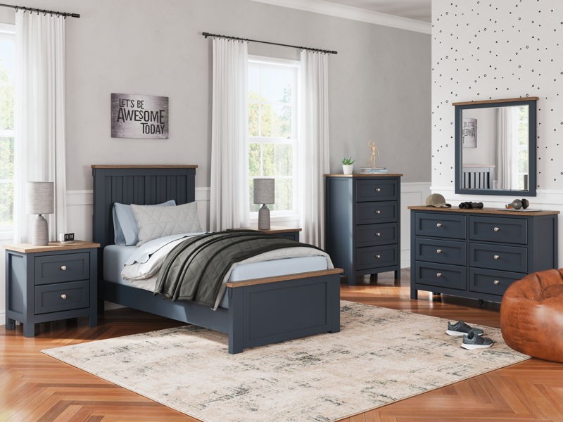 Landocken - Brown / Blue - 6 Pc. - Dresser, Mirror, Chest, Twin Panel Bed