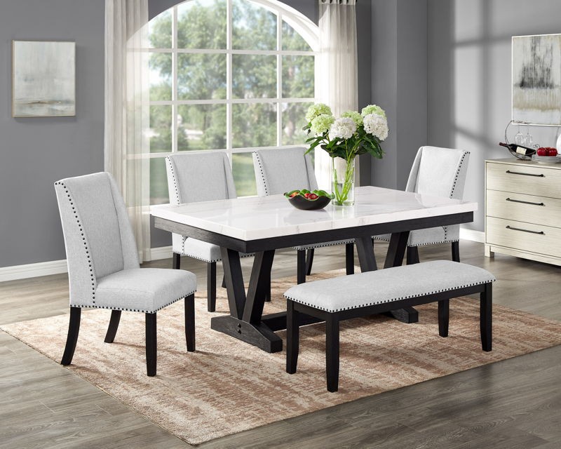 Varley - 6 Piece Dining Room Set With 4 Wing Dining Chairs & Bench - White / Gray