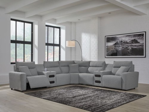 ModMax II - Salt and Pepper - 7-Piece Power Reclining Sectional With 2 Audio Consoles
