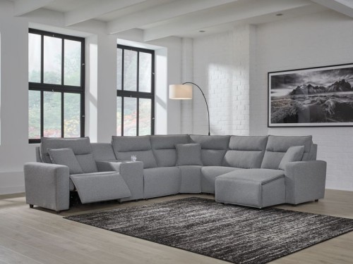 ModMax II - Salt And Pepper - 3-Piece Power Reclining Sectional With LAF Chaise And Audio Console