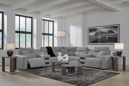 ModMax II - Salt and Pepper - 7-Piece Power Reclining Sectional With 2 Audio Consoles