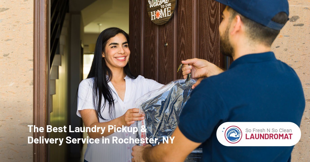 Smiling woman receives laundry from a delivery person at her door; laundromat logo is visible.