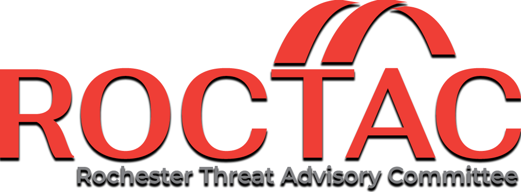 logo of ROCTAC Rochester Threat Advisory Committee with red and black text and arches