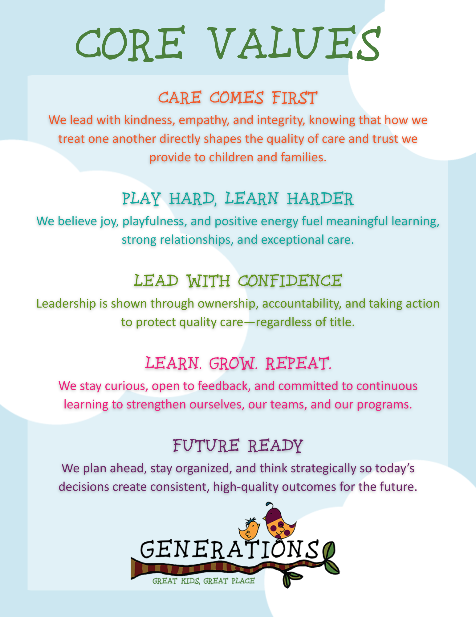 Core values list with descriptions for Professionalism, Accountability, Trust, Excellence, and Fun.