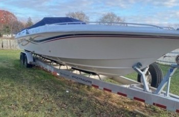 2005 FOUNTAIN 35' LIGHTING W/ TWIN 496 MERC MAG'S I/O'S W/ MYCO TRAILER