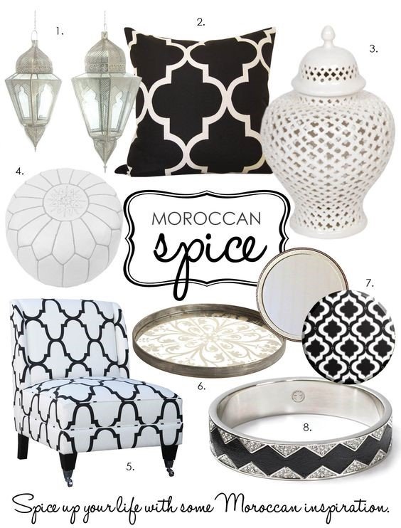 collage with objects inspired by black and white moroccan spice pattern