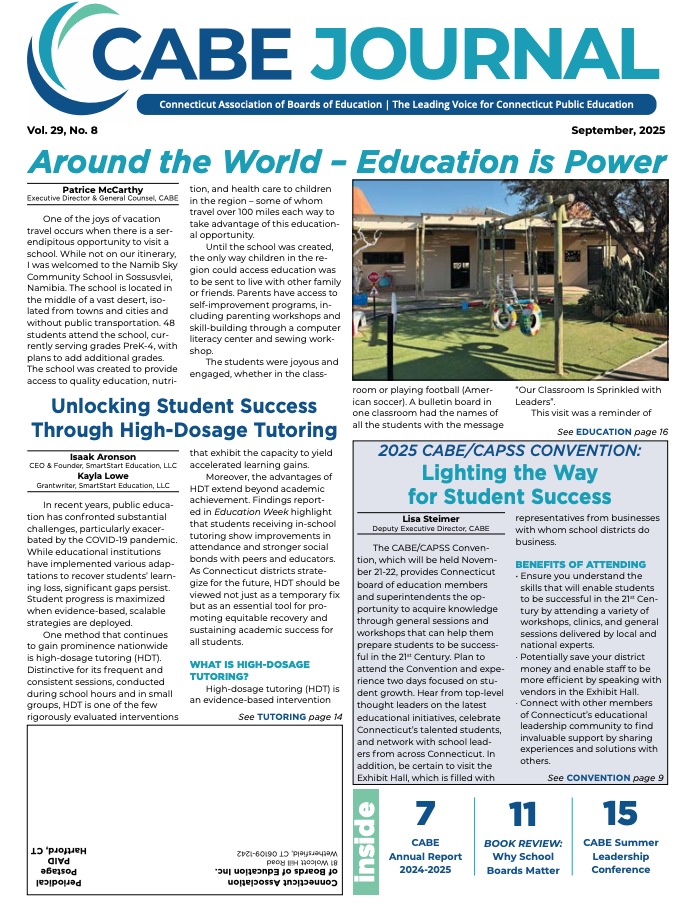 Front page of CABE Journal featuring education articles and a photo of children on a playground.