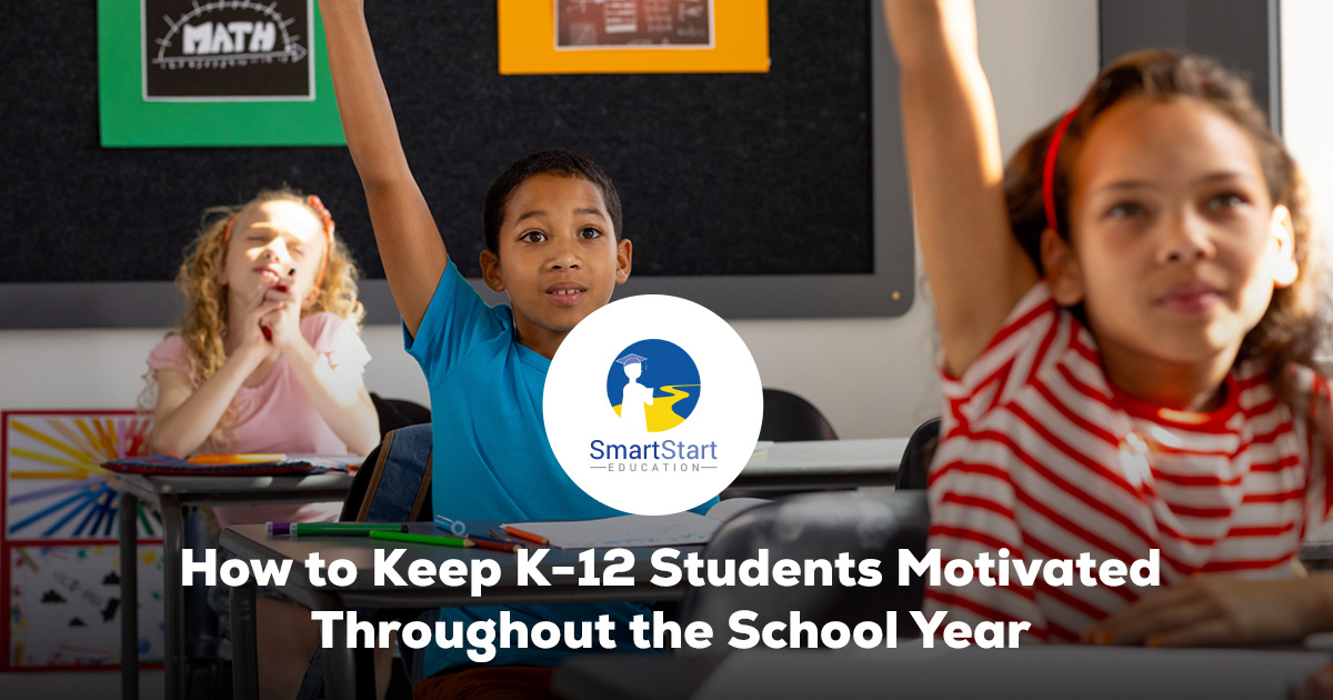 Three diverse students in a classroom, two raising hands, with text about student motivation.