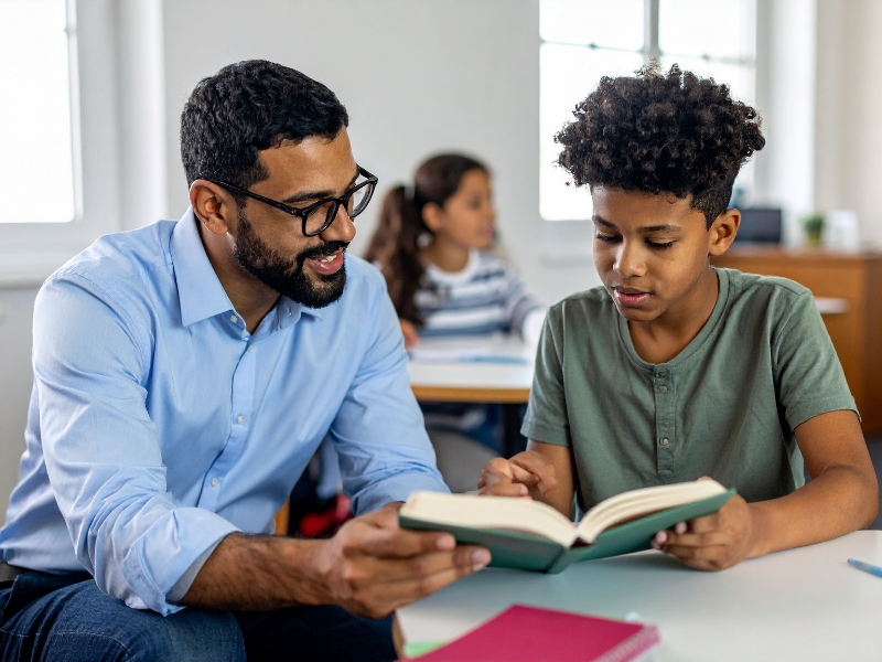 A teacher helps a student read a book in a classroom, with another student in the background.