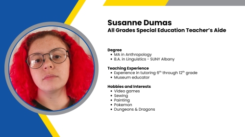 Image showing a SmartStart Education special education teacher’s aide with their headshot and short written bio.