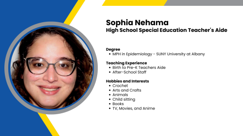 Headshot and written bio of a SmartStart teacher's aide.