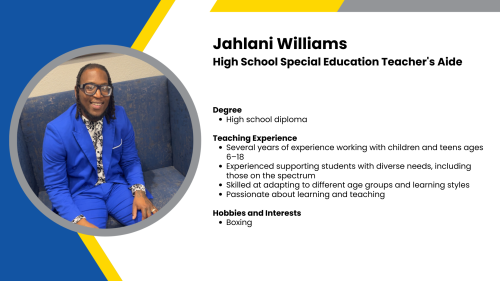 Image showing a SmartStart Education teacher's aide with their headshot and short written bio.