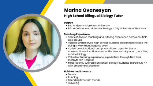 Image showing a SmartStart Education high-impact tutor with their headshot and short written bio.