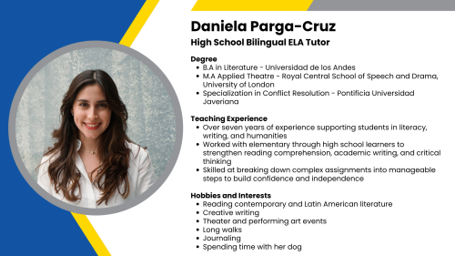 Image showing a SmartStart Education high-impact tutor with their headshot and short written bio.