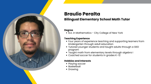 Image showing a SmartStart Education high-impact tutor with their headshot and a short written bio.