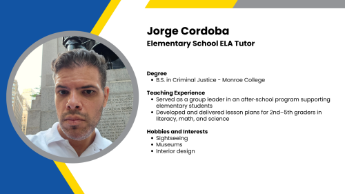 Image showing a SmartStart Education high-impact tutor with their headshot and a short written bio.