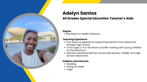 Image showing a SmartStart Education special education teacher’s aide with their headshot and short written bio.
