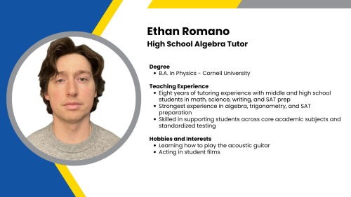 Image showing a SmartStart Education high-impact tutor with their headshot and a short written bio.