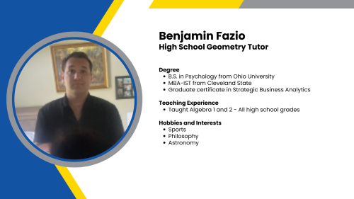 Image showing a SmartStart Education High-Dosage geometry tutor with their headshot and short written bio.