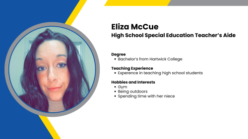 Image showing a SmartStart Education special education teacher’s aide with their headshot and short written bio.