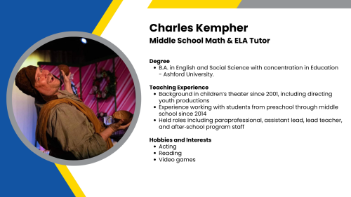 Image showing a SmartStart Education high-dosage tutor with their headshot and a short written bio.