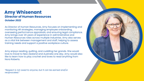 Bio of Director of HR, Amy, who supports