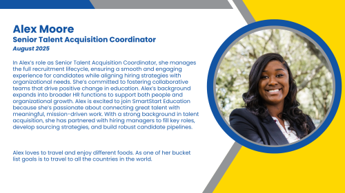 Headshot and written bio of employee who hires high-impact tutors and long-term substitute teachers.