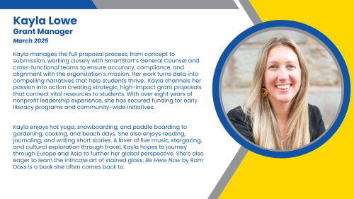Headshot and written bio of employee who manages the full proposal process for new high-dosage tutoring and K-12 staffing programs.