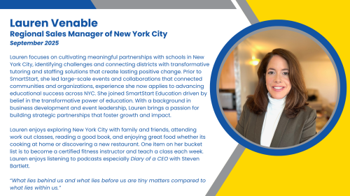 Headshot and written bio of employee who develops new partnerships to provide in-person, high-impact tutoring services.