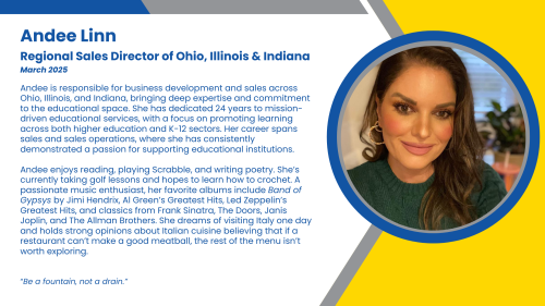 Bio of Regional Sales Director, Andee, who sells acquires new business, including Indiana Learns programs.