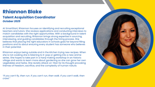 Headshot and written bio of employee who recruits high-dosage tutors and long term substitute teachers.