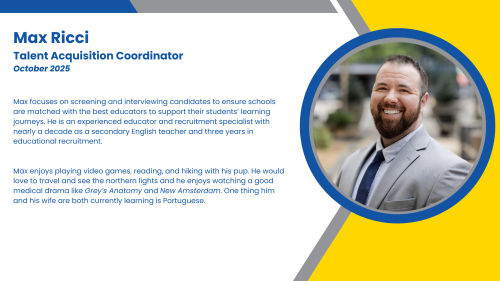 Headshot and written bio of employee who recruits math intervention high-impact tutors and K-12 substitute teachers.