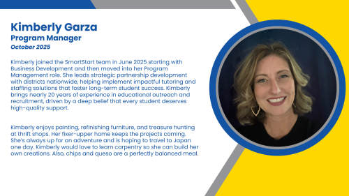 Headshot and written bio of employee who oversees high-impact tutoring programs in both subjects of mathematics and ELA.