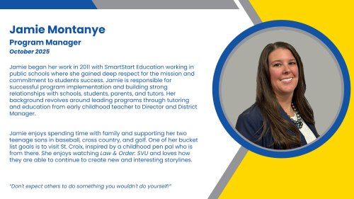 Headshot and written bio of employee who oversees in-person, high-impact tutoring programs and K-12 staffing.