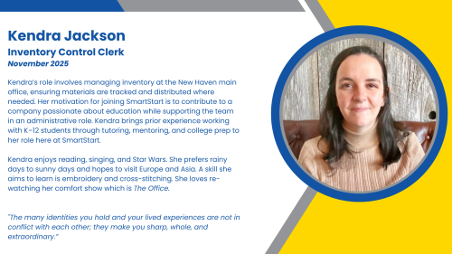 Headshot and written bio of employee who supports back end in-person administrative operations and inventory.