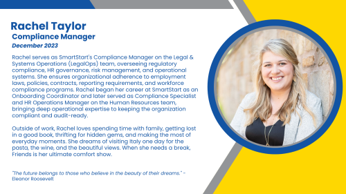 Headshot and written bio of employee who oversees organizational compliance at SmartStart Education.