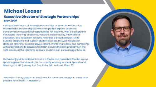 Headshot and written bio of employee who supports expansion of SmartStart's K-12 staffing and high-dosage tutoring programs throughout the country.