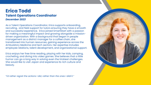Headshot and written bio of employee who recruits, onboards, and provide HR support to K-12 tutors and staff.