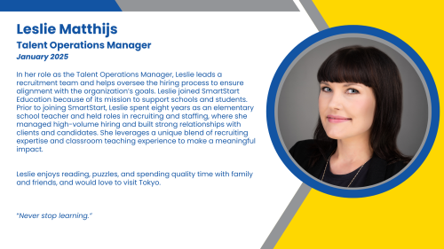 Headshot and written bio of employee who manages the hiring, onboarding, HR support to high-dosage tutors and long term substitute staff.
