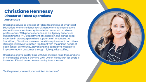Headshot and written bio of employee who oversees lifecycle hiring and human resources of all SmartStart Education administrative and educational staff.