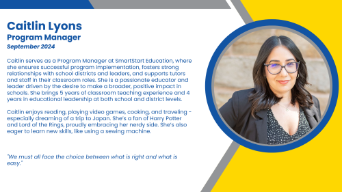 Bio of Program Manager, Caitlin, who oversees paraprofessional, teacher aides, and Indiana Learns programs.