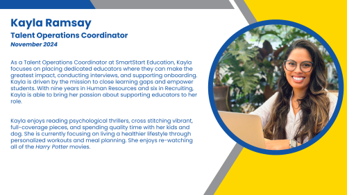 Headshot and written bio of employee who recruits, onboards, and provides HR support to K-12 teachers and tutors.