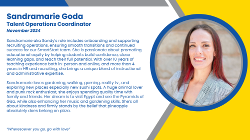 Headshot and written bio of employee who recruits, onboards, and provides HR support to high-dosage tutors, long term substitutes, and administrative staff.