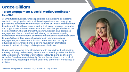 Headshot and written bio of an employee who spearheads social media outreach and interaction with new and current tutors and K-12 educational staff.
