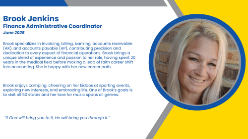 Bio of Finance Administrative Assistant, Brook, who works on invoicing, accounts payable, and accounts receivable.